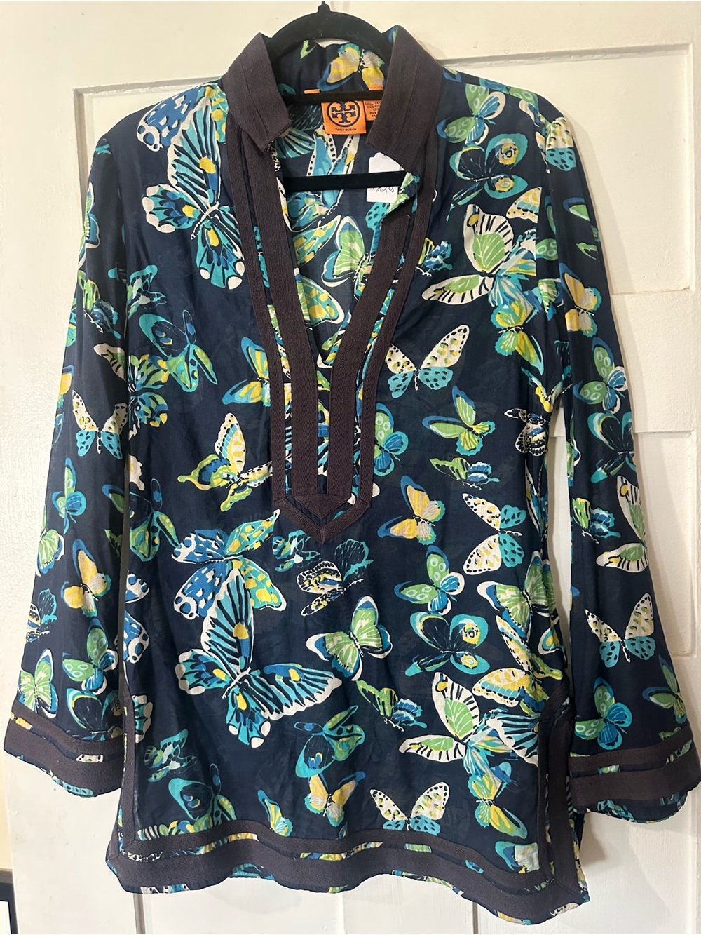 Tory Burch Navy Butterfly Print V-Neck Tunic